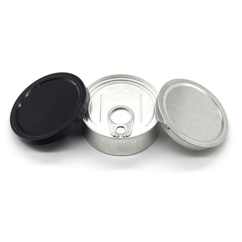 Self Sealing 2oz Tuna Cans & Aluminum EZO Pull Tab Lids with Black Plastic Overcaps