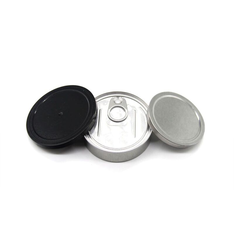 Self Sealing 4oz Tuna Cans & Aluminum EZO Pull Tab Lids with Black Plastic Overcaps